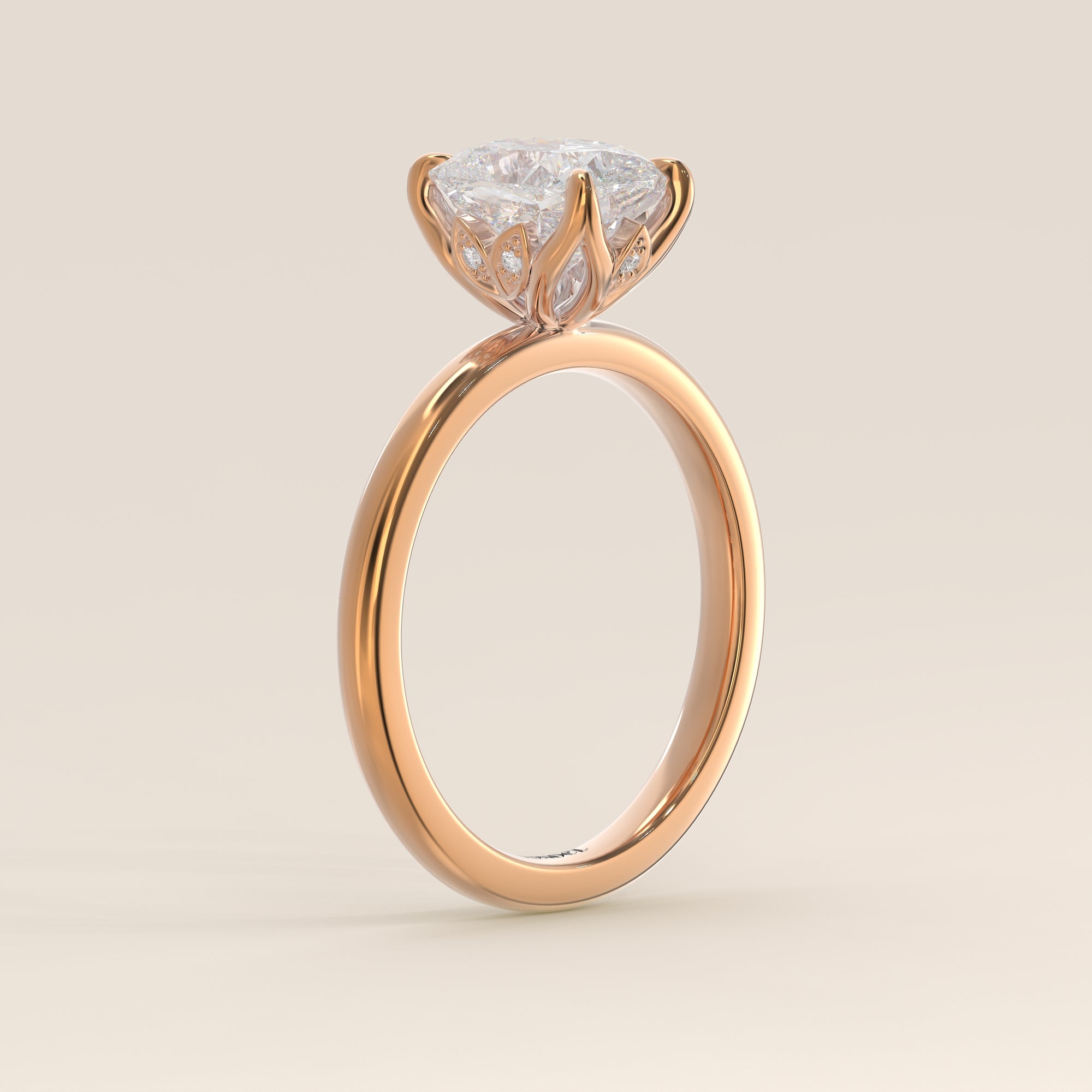 Verlovingsring elongated cushion lab grown diamant met petal prongs, rosegoud