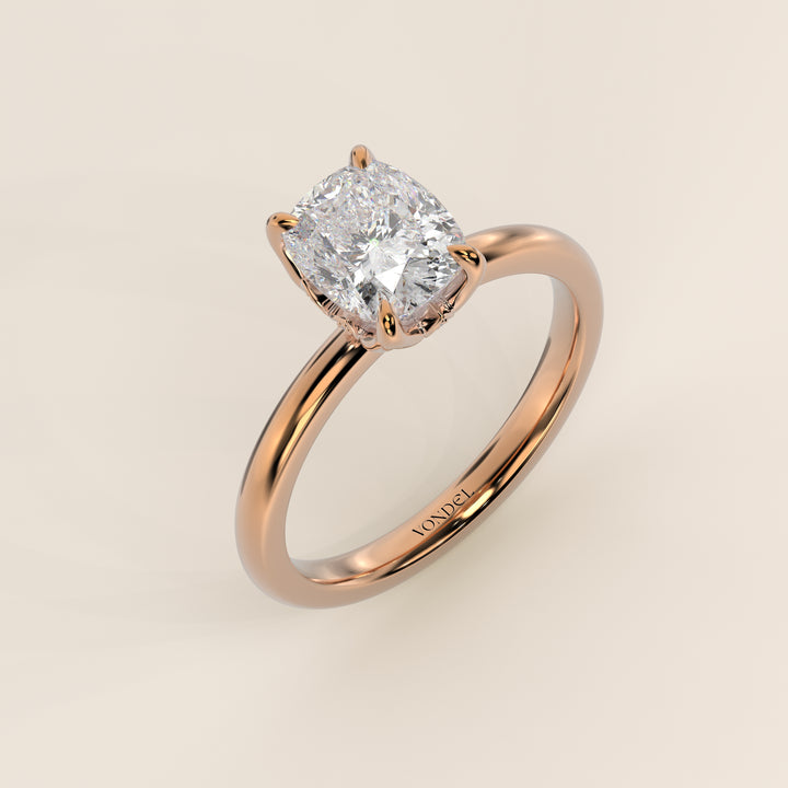 Verlovingsring elongated cushion lab grown diamant met petal prongs, rosegoud