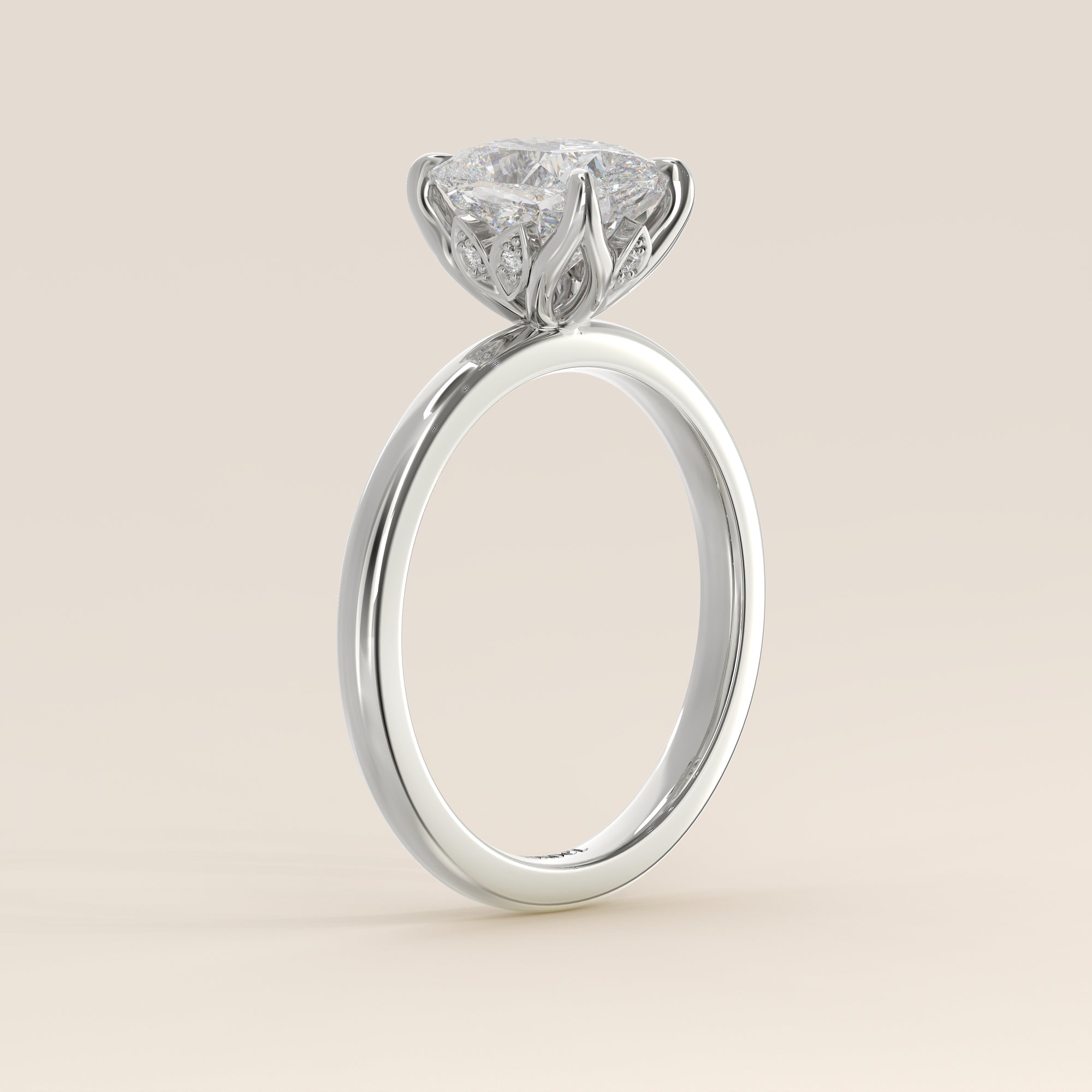 Verlovingsring elongated cushion lab grown diamant met petal prongs, witgoud