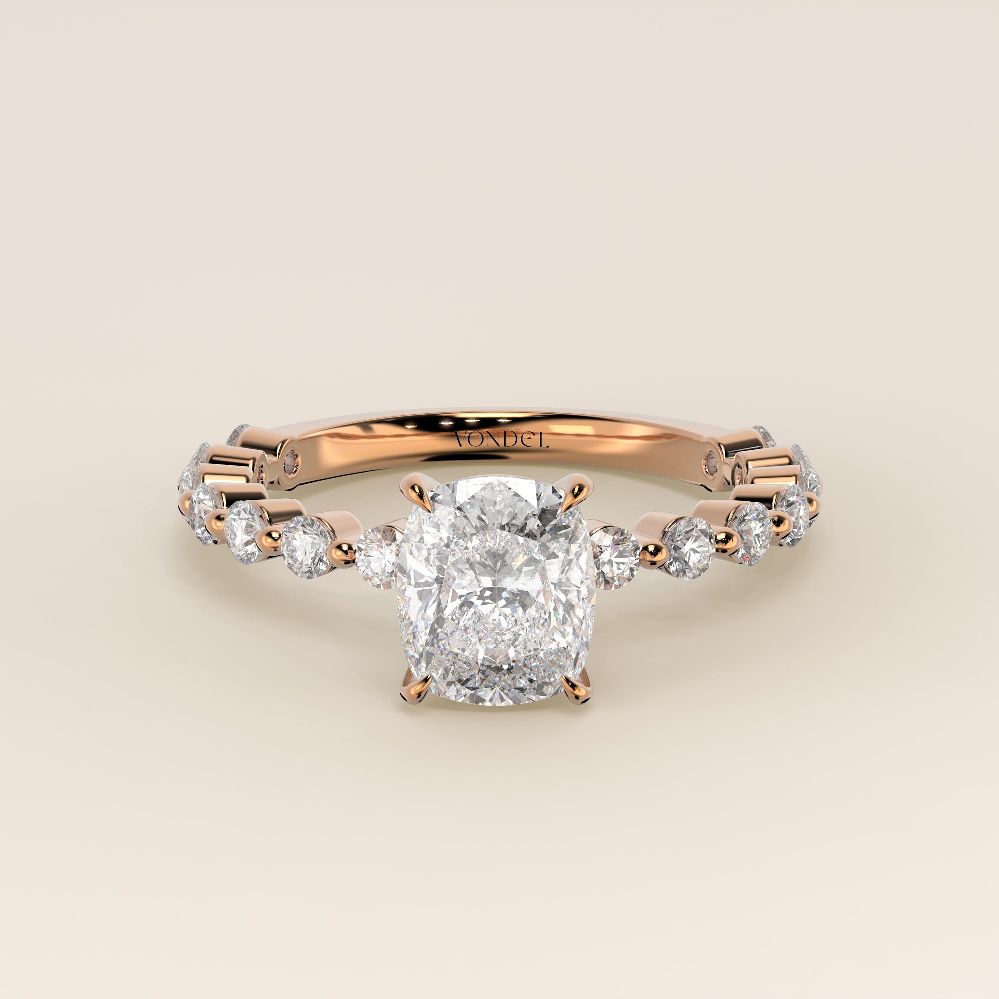 Verlovingsring elongated cushion lab grown diamant met ronde diamanten band, rosegoud