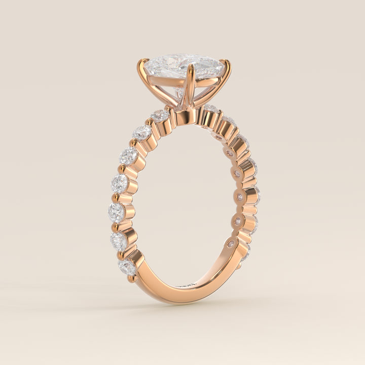 Verlovingsring elongated cushion lab grown diamant met ronde diamanten band, rosegoud