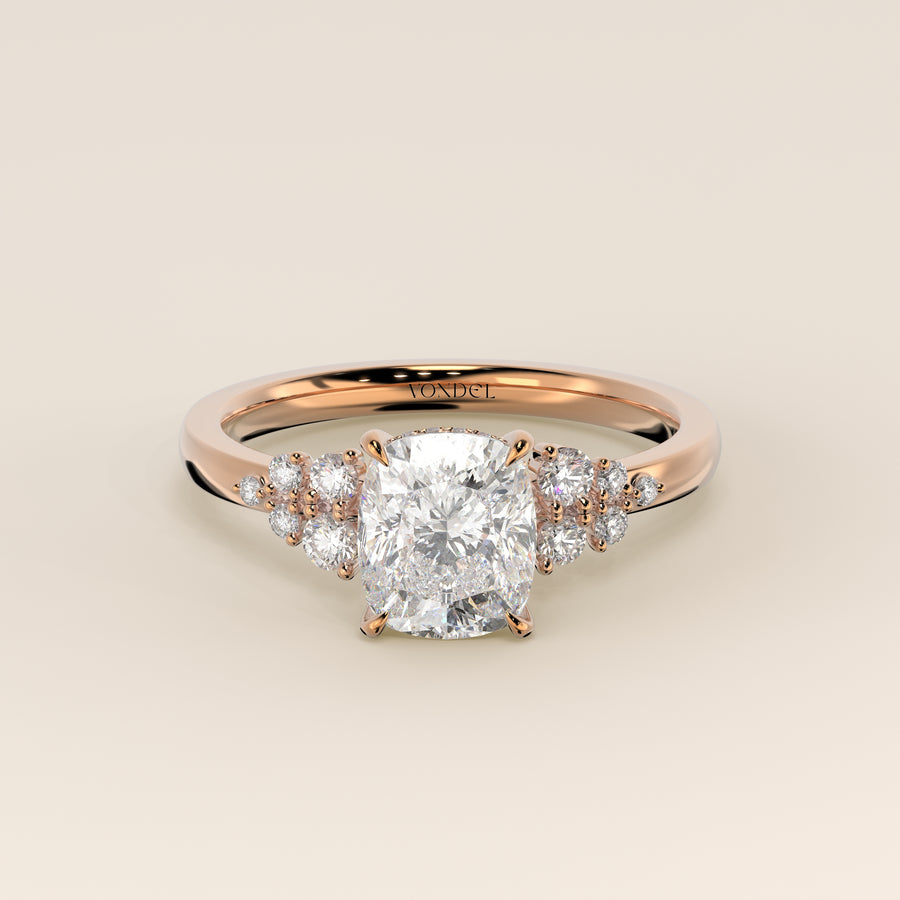 Verlovingsring elongated cushion lab grown diamant met snowdrift en hidden halo, rosegoud