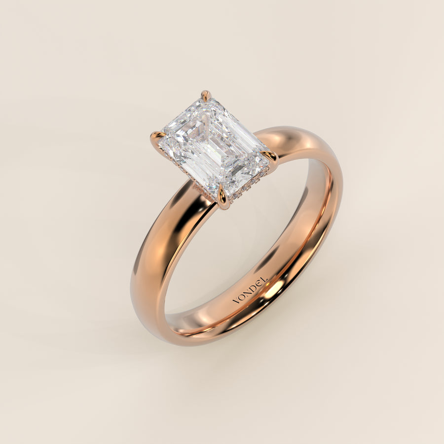 Verlovingsring emerald lab grown diamant met brede band en hidden halo, rosegoud
