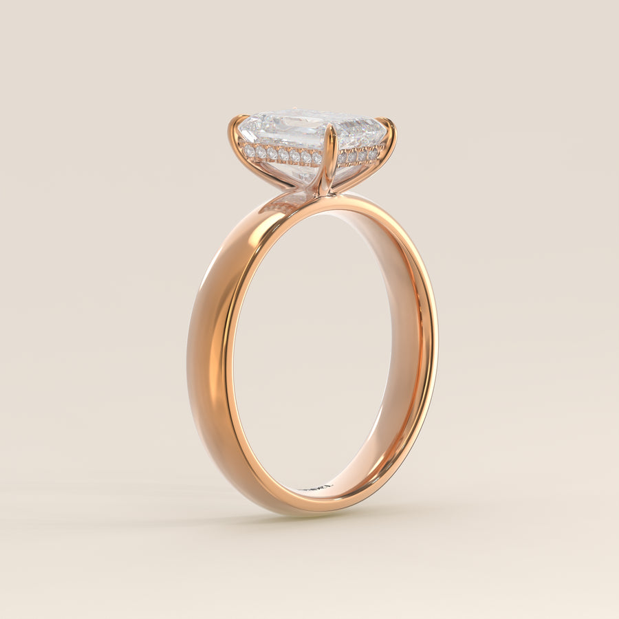 Verlovingsring emerald lab grown diamant met brede band en hidden halo, rosegoud
