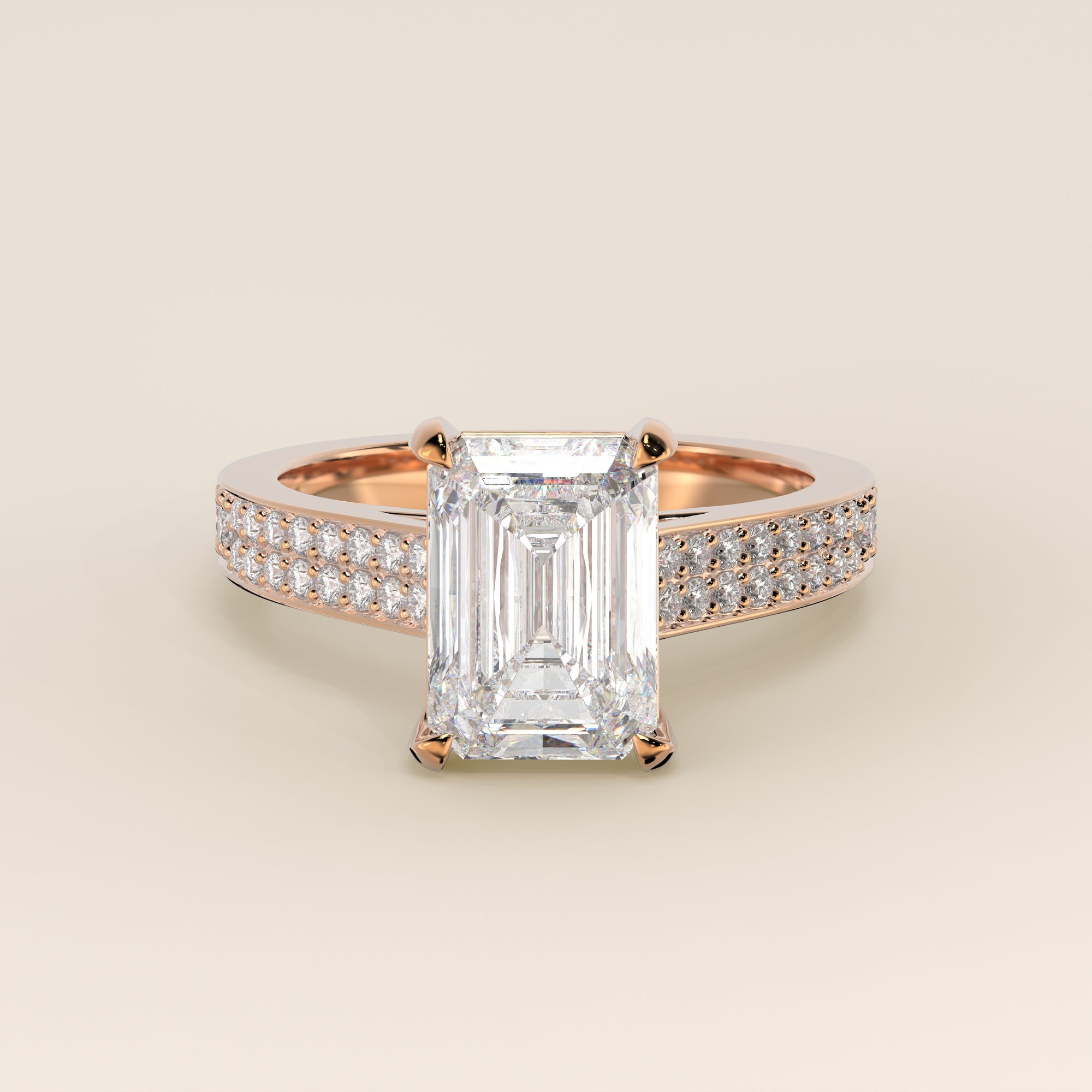 Bague de fiançailles en or rose, sertie d'un diamant de laboratoire couleur émeraude, avec un large pavage, un serti cathédrale et un halo discret.