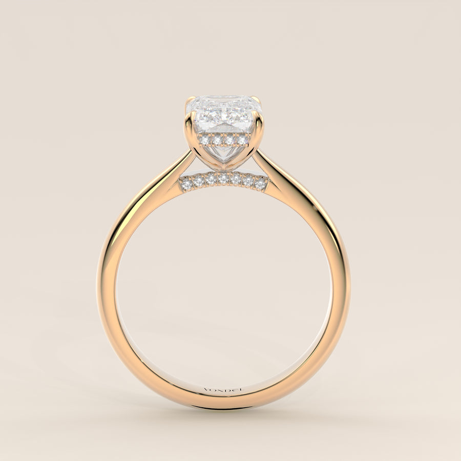 Verlovingsring emerald lab grown diamant met cathedral setting, hidden halo en diamond bridge, geelgoud