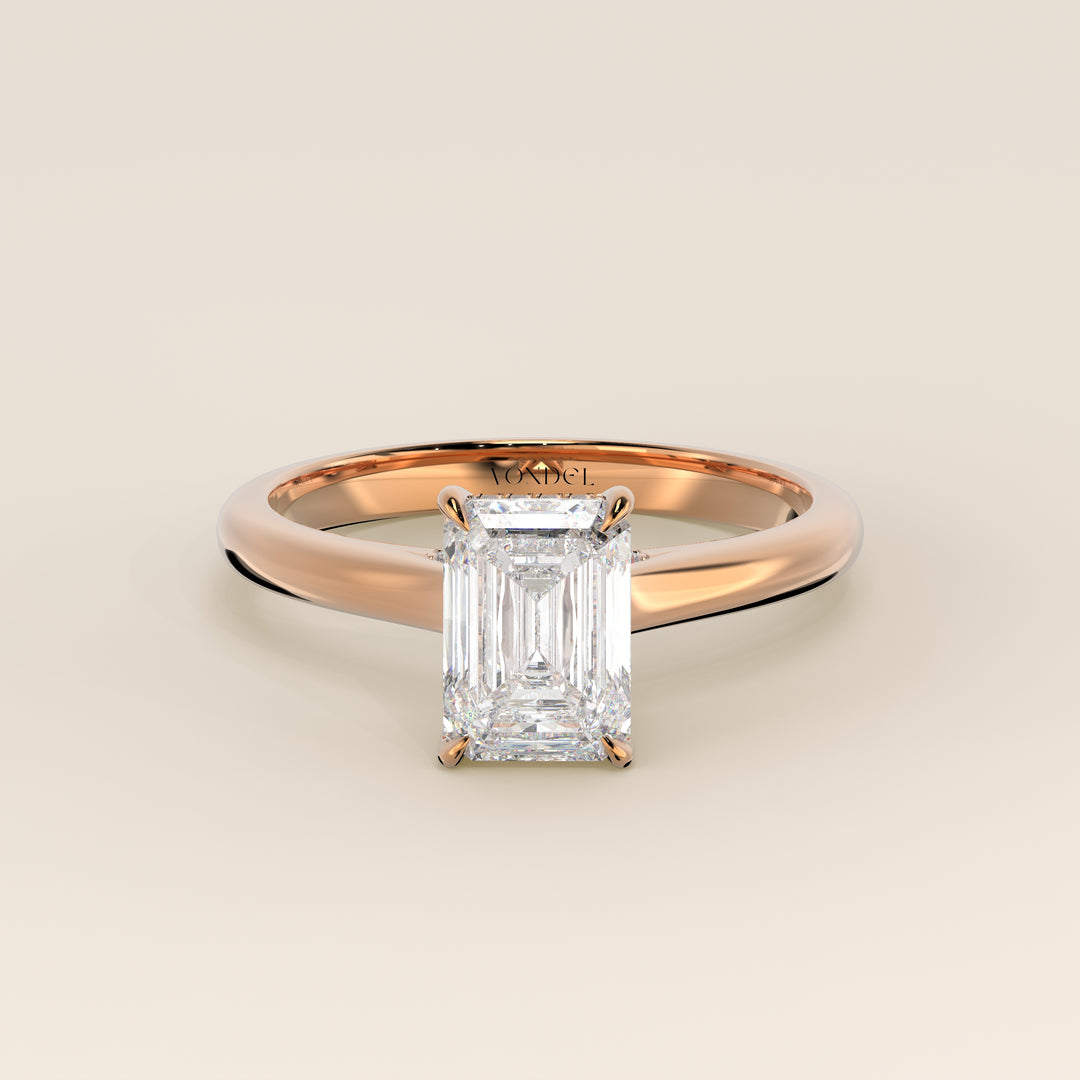 Verlovingsring emerald lab grown diamant met cathedral setting, hidden halo en diamond bridge, rosegoud