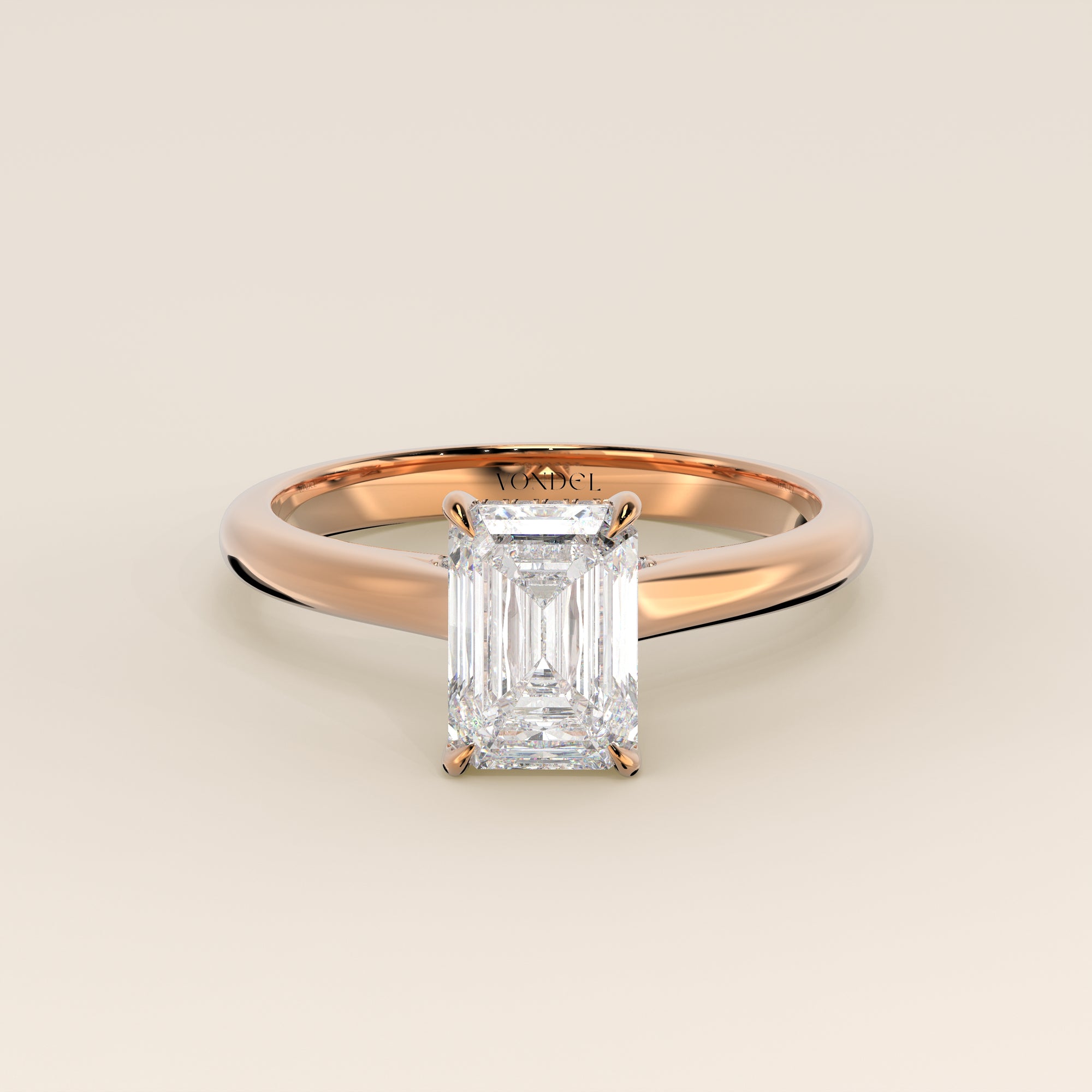 Verlovingsring emerald lab grown diamant met cathedral setting, hidden halo en diamond bridge, rosegoud