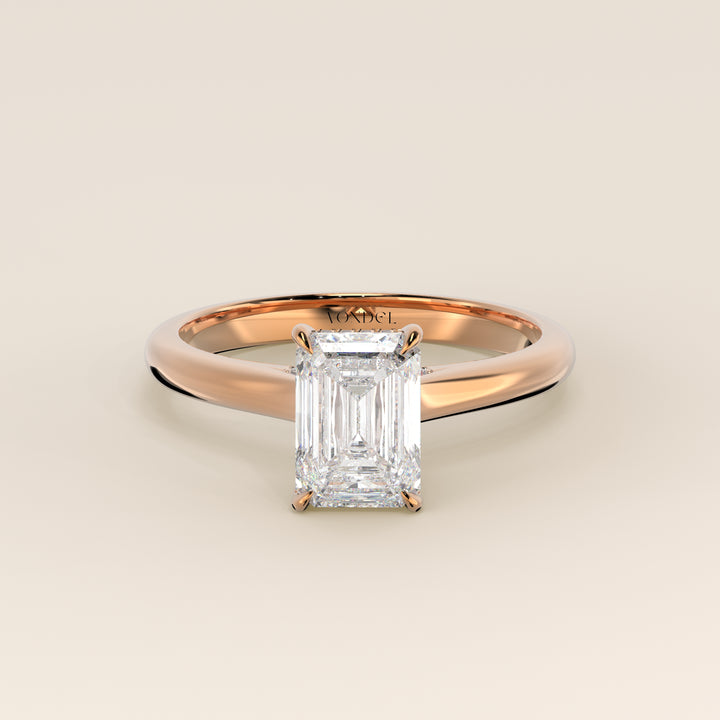Verlovingsring emerald lab grown diamant met cathedral setting, hidden halo en diamond bridge, rosegoud