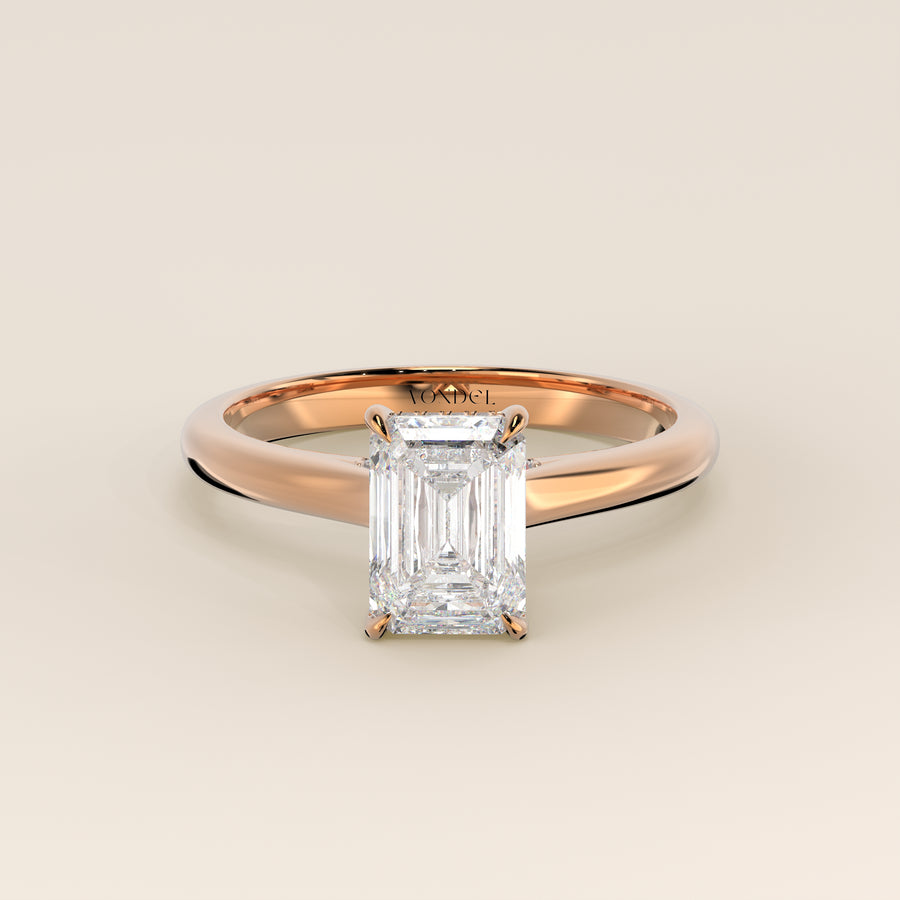 Verlovingsring emerald lab grown diamant met cathedral setting, hidden halo en diamond bridge, rosegoud