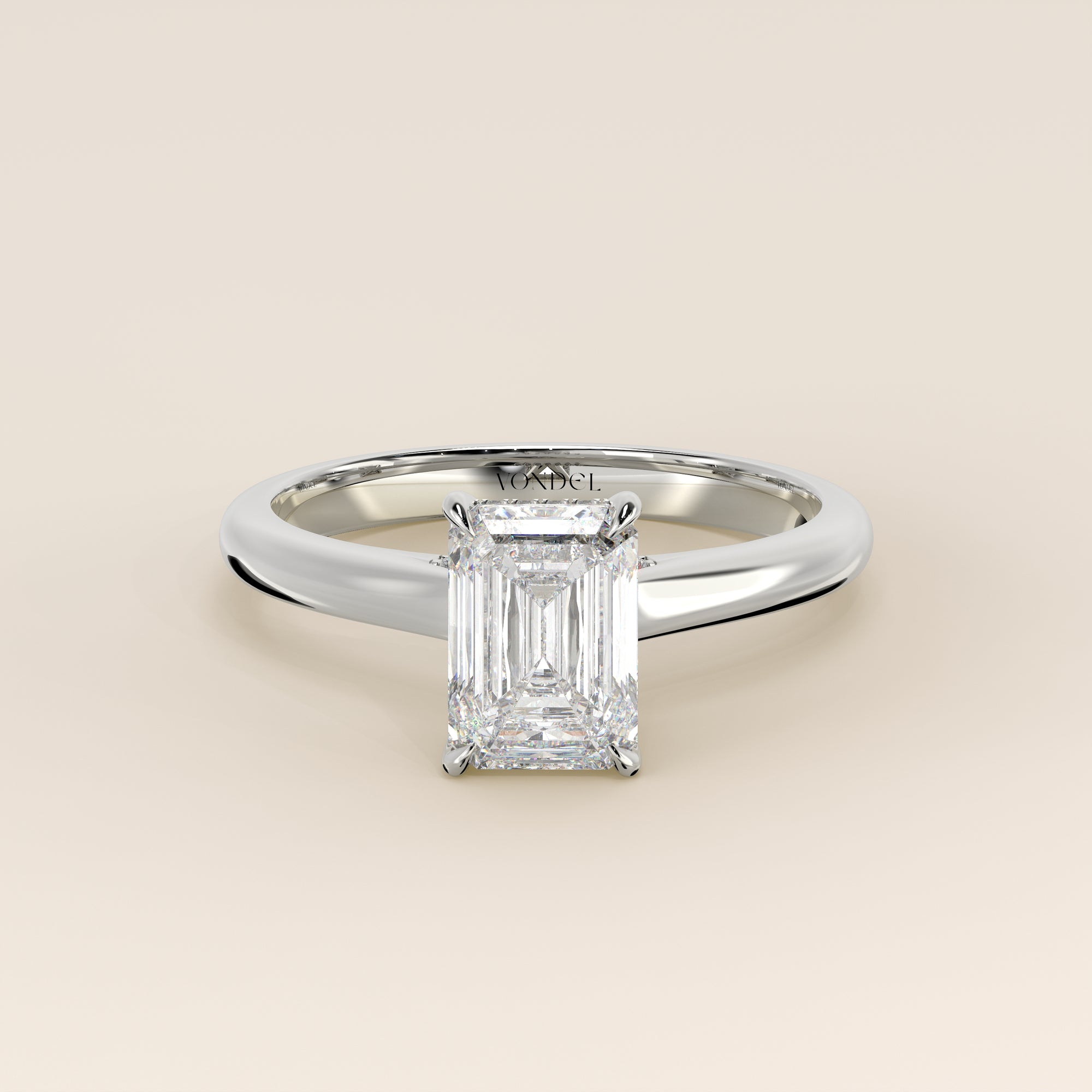 Verlovingsring emerald lab grown diamant met cathedral setting, hidden halo en diamond bridge, witgoud