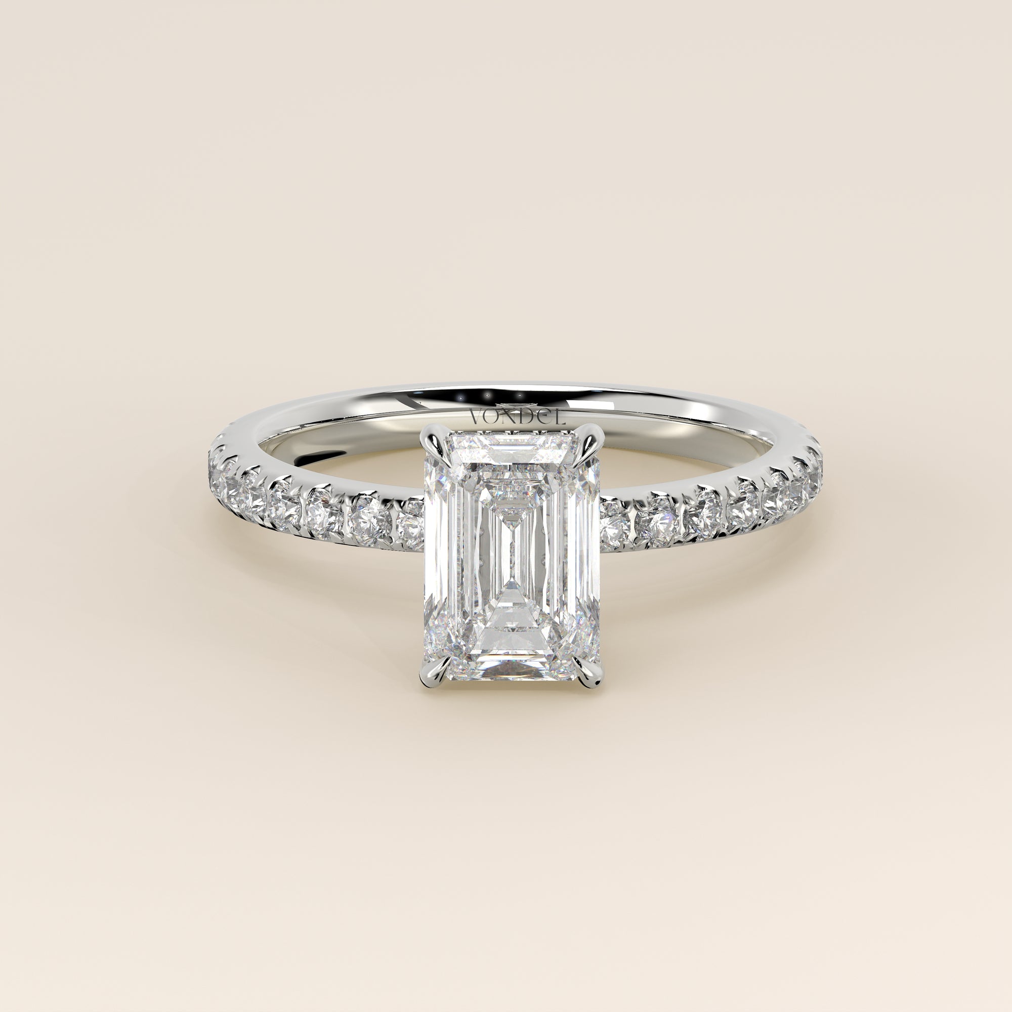 Verlovingsring emerald lab grown diamant met hidden halo en pave band, witgoud