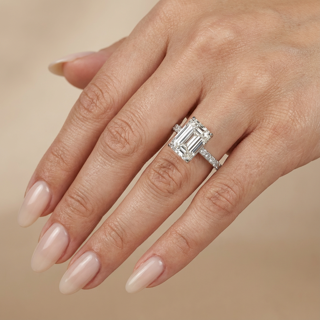 Verlovingsring emerald lab grown diamant met hidden halo en pave band, witgoud