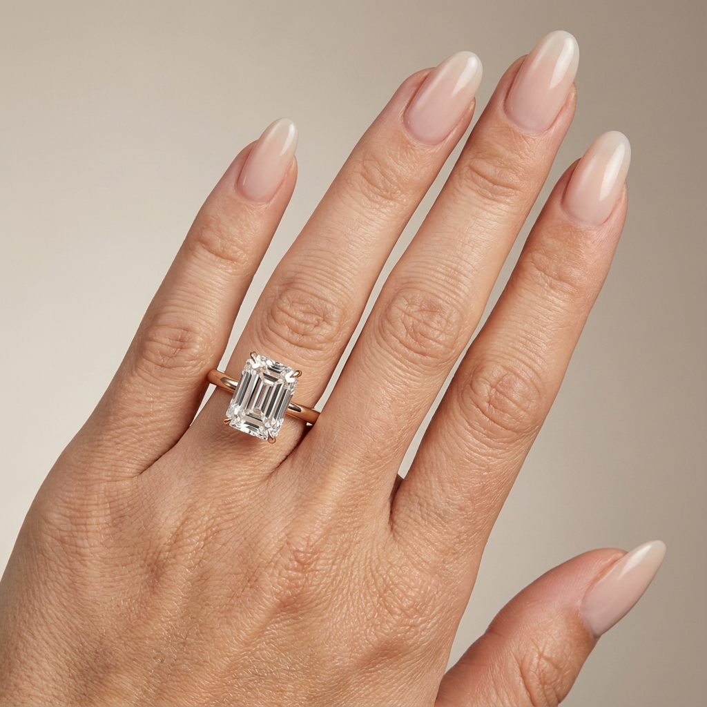 Bague de fiançailles en or rose, sertie d'un diamant de laboratoire émeraude et d'un halo discret.