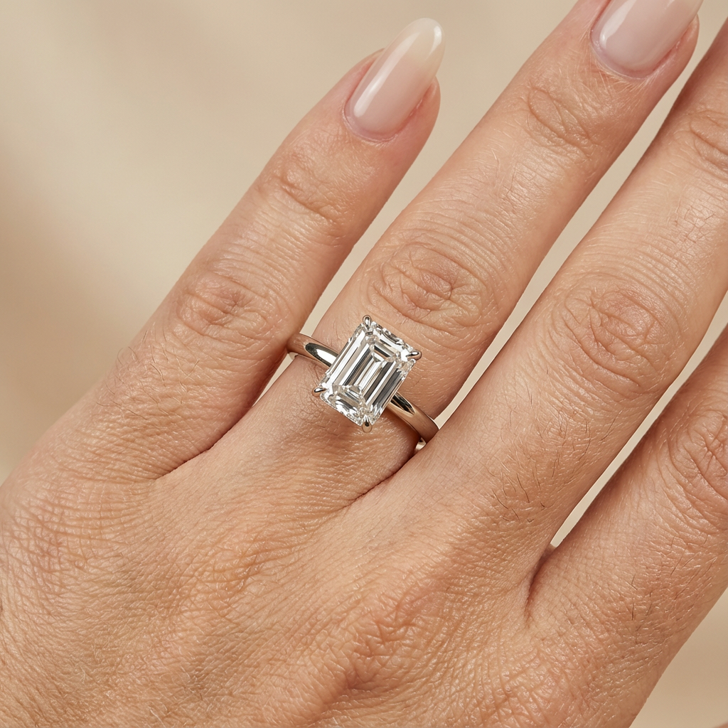 Bague de fiançailles en or blanc, sertie d'un diamant émeraude de laboratoire avec halo discret.