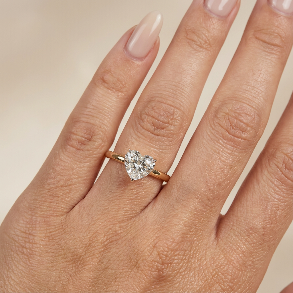 Verlovingsring hart lab grown diamant met cathedral setting en hidden halo, geelgoud
