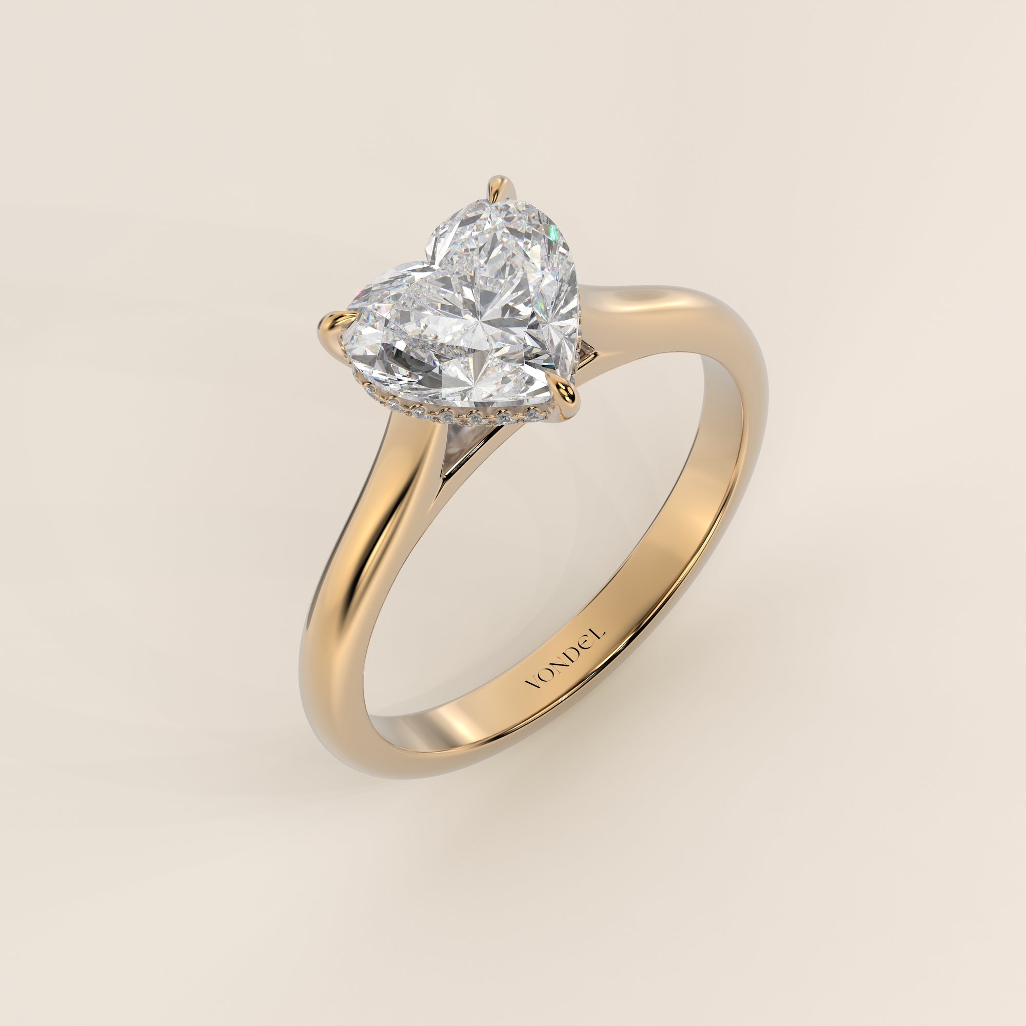 Verlovingsring hart lab grown diamant met cathedral setting en hidden halo, geelgoud
