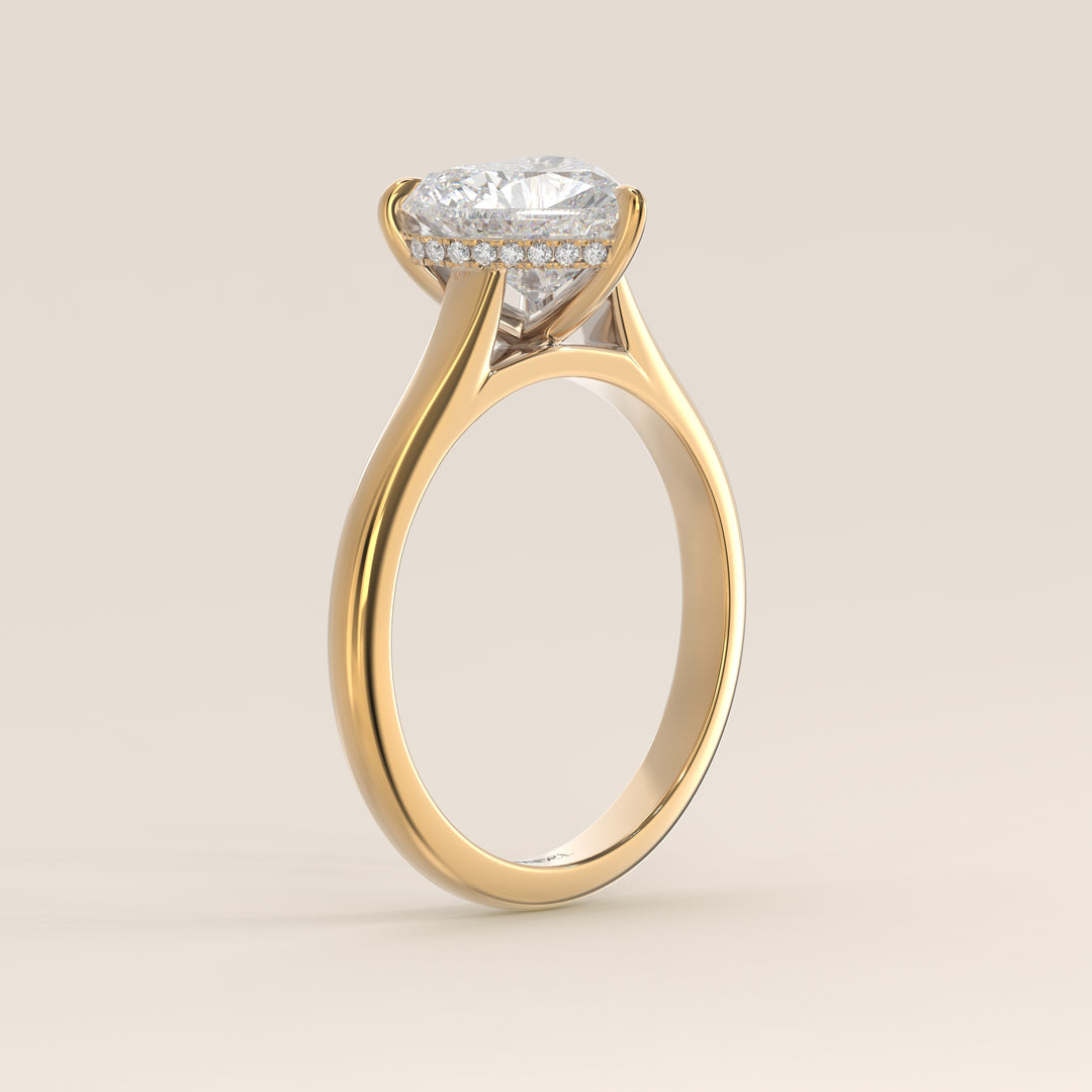 Verlovingsring hart lab grown diamant met cathedral setting en hidden halo, geelgoud