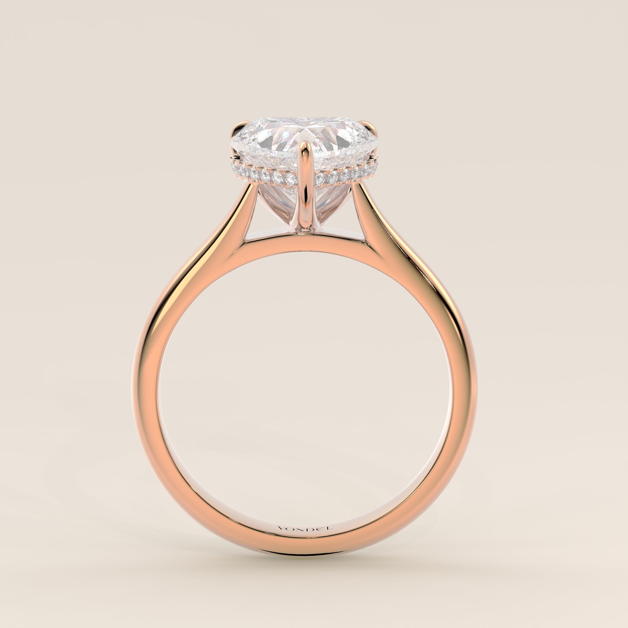 Verlovingsring hart lab grown diamant met cathedral setting en hidden halo, rosegoud
