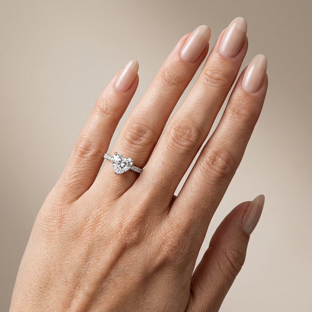 Verlovingsring hart lab grown diamant met pave band, hidden halo en diamond bridge, witgoud