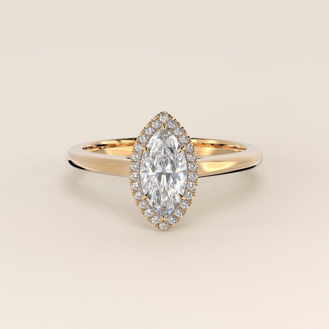 Verlovingsring marquise halo lab grown diamant met cathedral en hoge zetting, geelgoud
