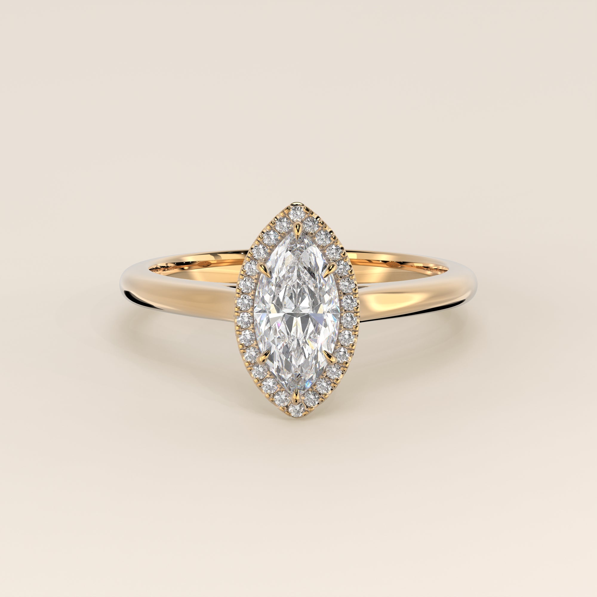 Verlovingsring marquise halo lab grown diamant met cathedral en hoge zetting, geelgoud
