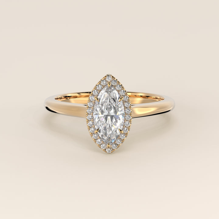 Verlovingsring marquise halo lab grown diamant met cathedral en hoge zetting, geelgoud
