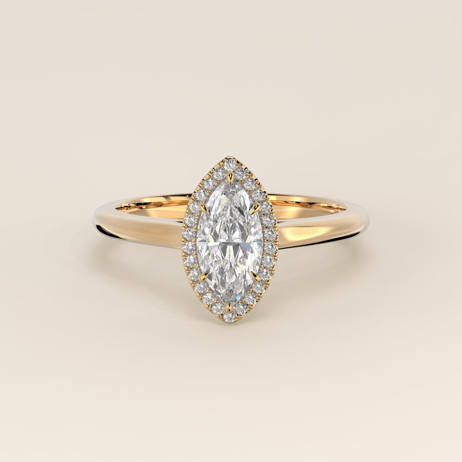 Verlovingsring marquise halo lab grown diamant met cathedral en hoge zetting, geelgoud