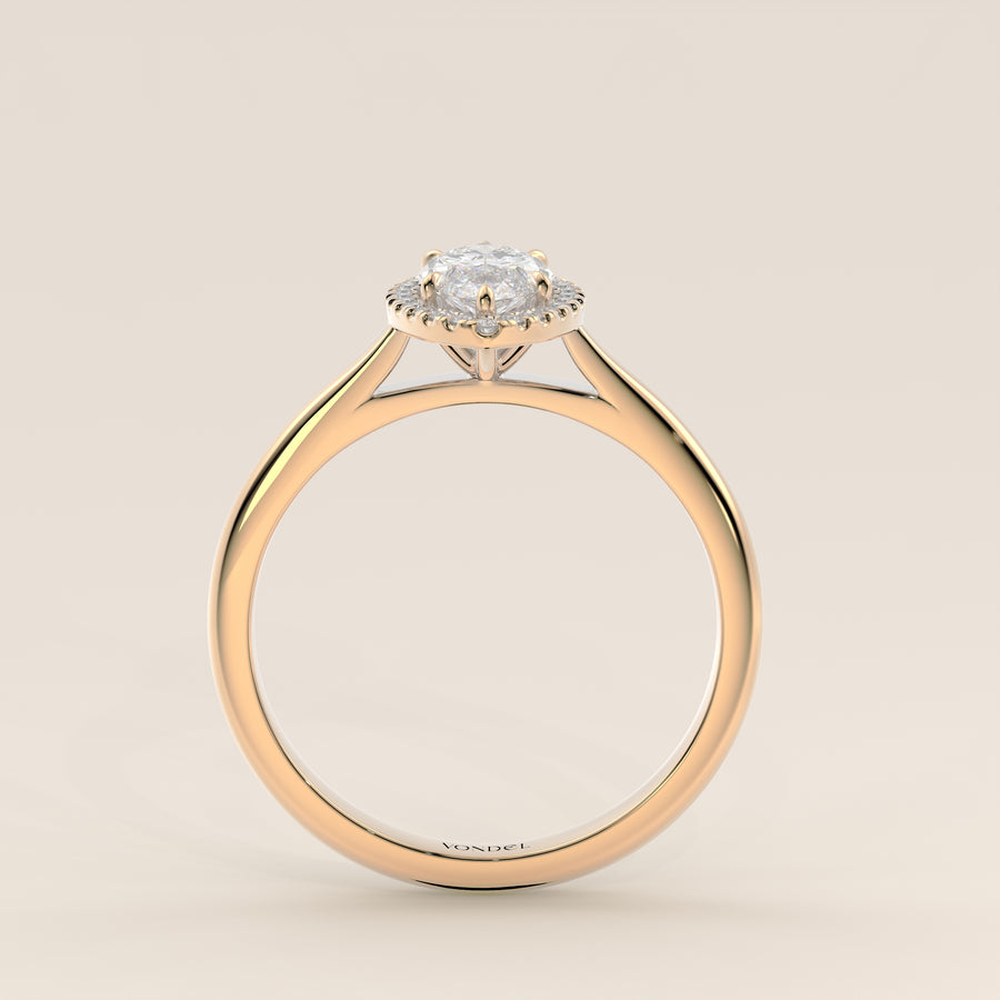 Verlovingsring marquise halo lab grown diamant met cathedral en hoge zetting, geelgoud