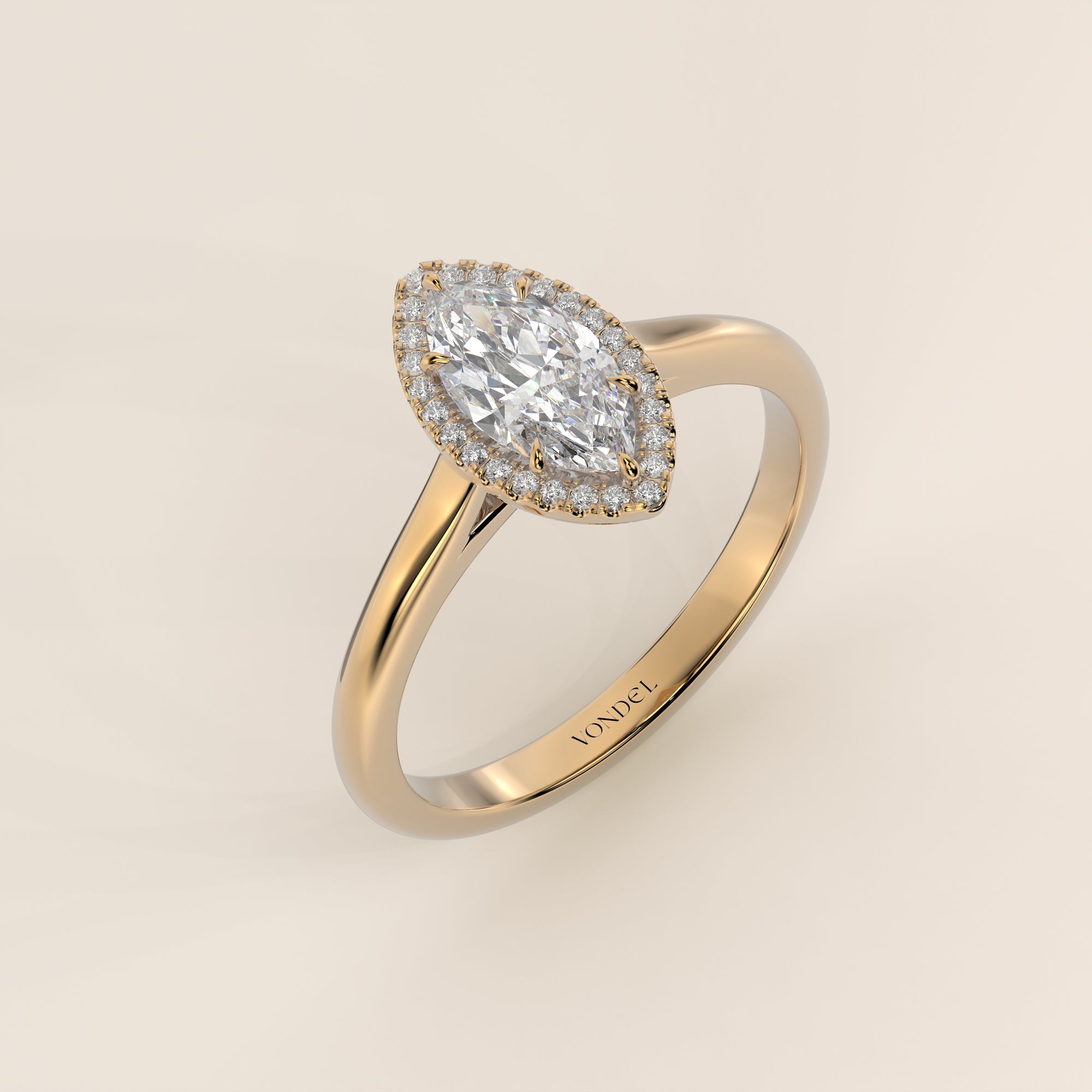 Verlovingsring marquise halo lab grown diamant met cathedral en hoge zetting, geelgoud