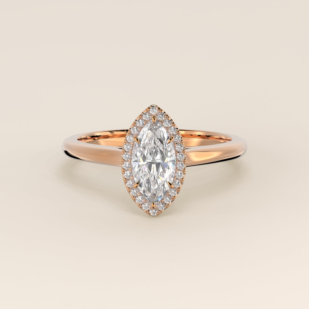 Verlovingsring marquise halo lab grown diamant met cathedral en hoge zetting, rosegoud