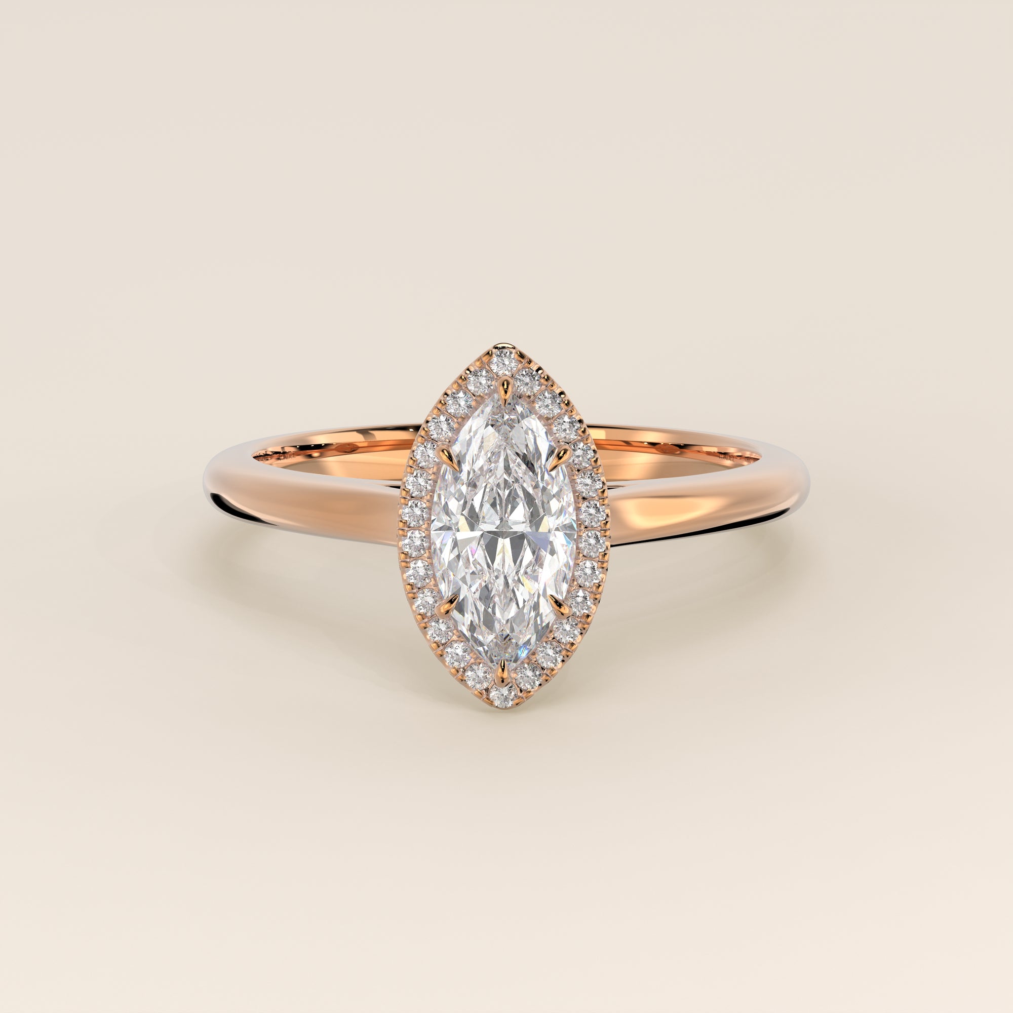 Verlovingsring marquise halo lab grown diamant met cathedral en hoge zetting, rosegoud