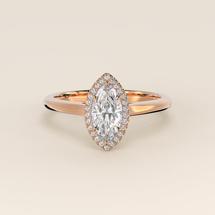 Verlovingsring marquise halo lab grown diamant met cathedral en hoge zetting, rosegoud