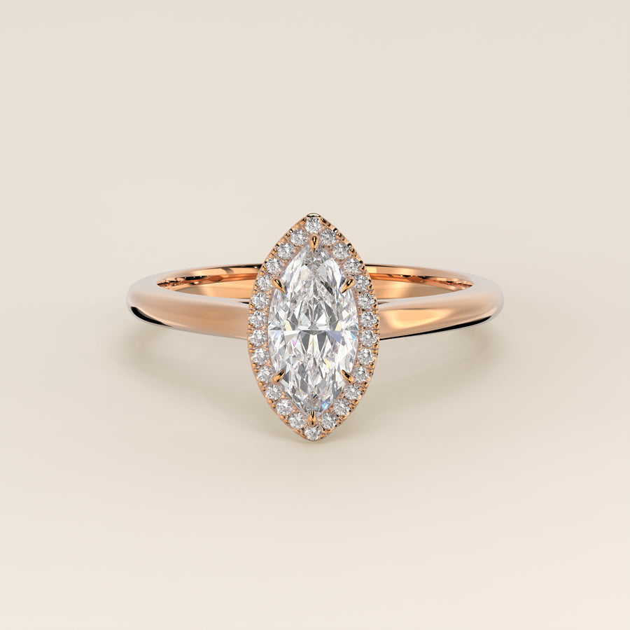 Verlovingsring marquise halo lab grown diamant met cathedral en hoge zetting, rosegoud
