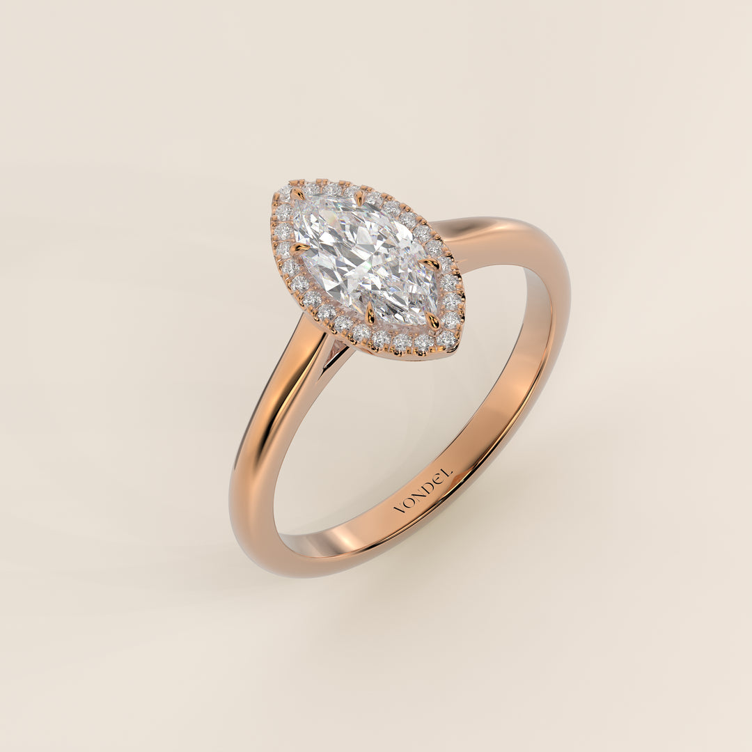 Verlovingsring marquise halo lab grown diamant met cathedral en hoge zetting, rosegoud