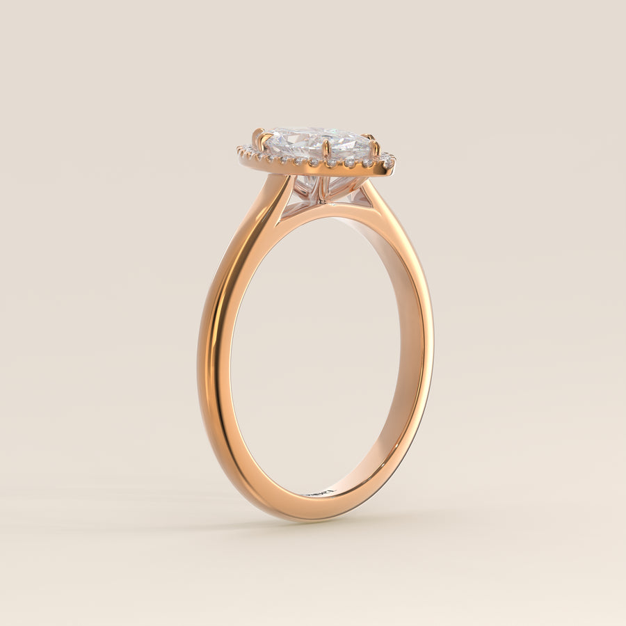 Verlovingsring marquise halo lab grown diamant met cathedral en hoge zetting, rosegoud