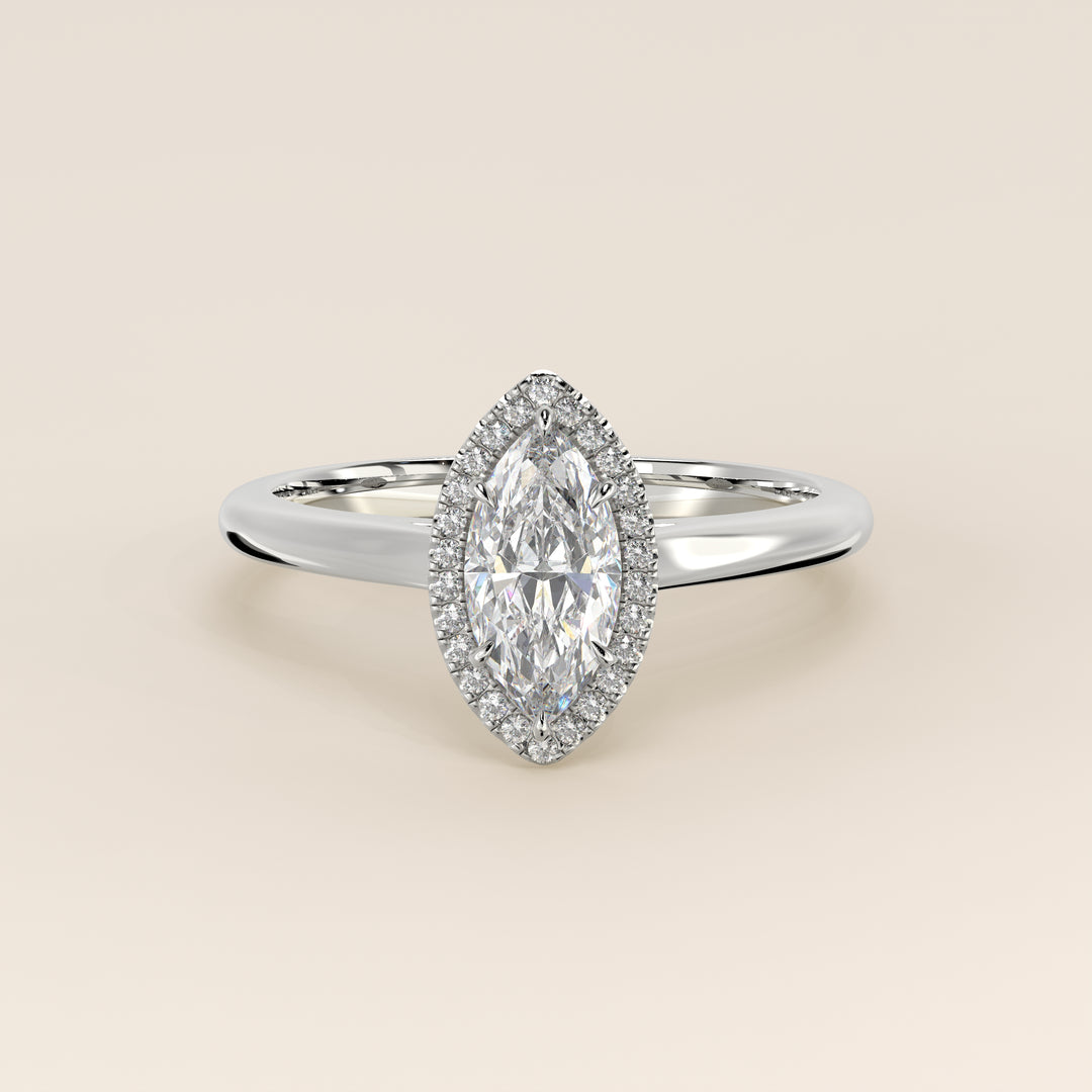 Verlovingsring marquise halo lab grown diamant met cathedral en hoge zetting, witgoud