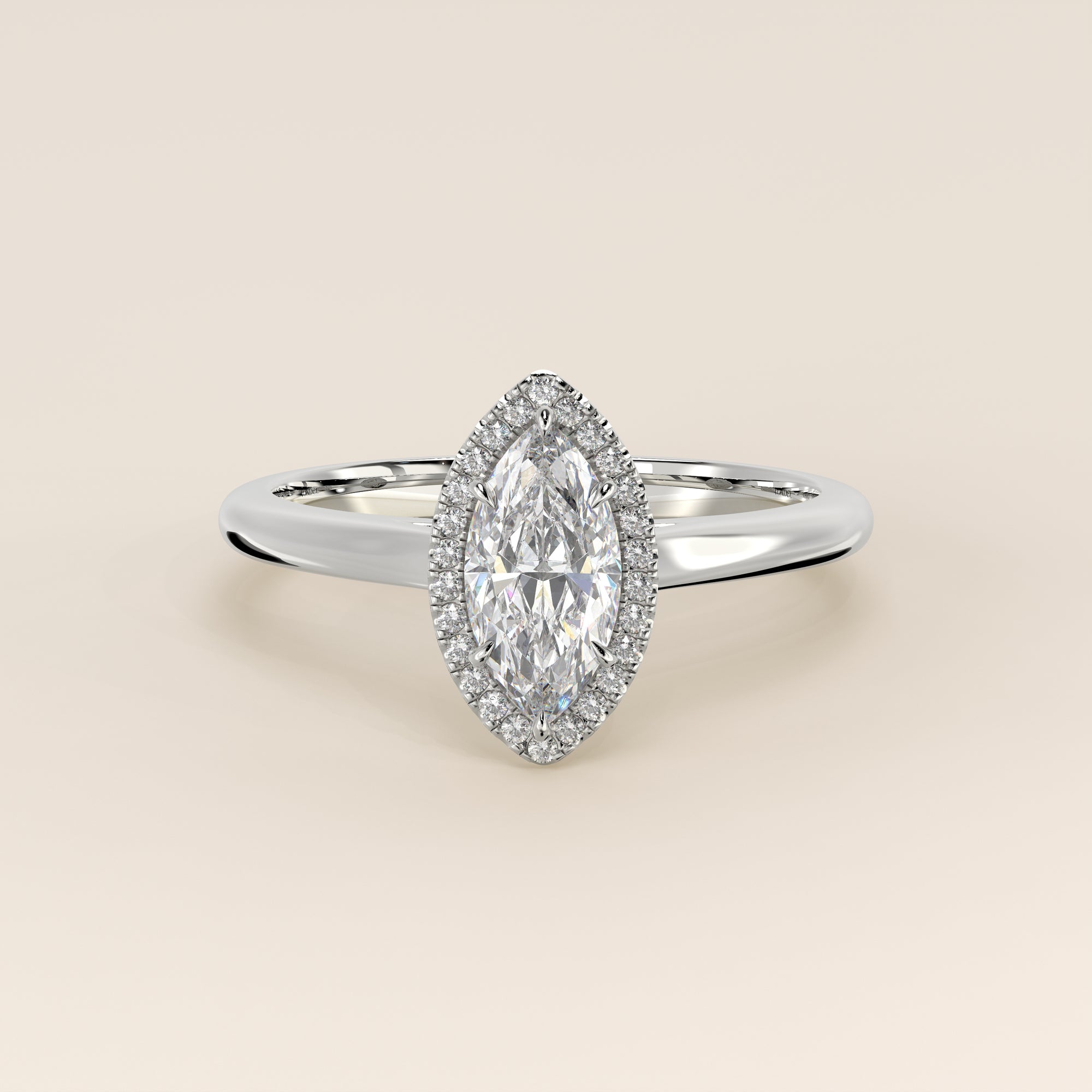 Verlovingsring marquise halo lab grown diamant met cathedral en hoge zetting, witgoud