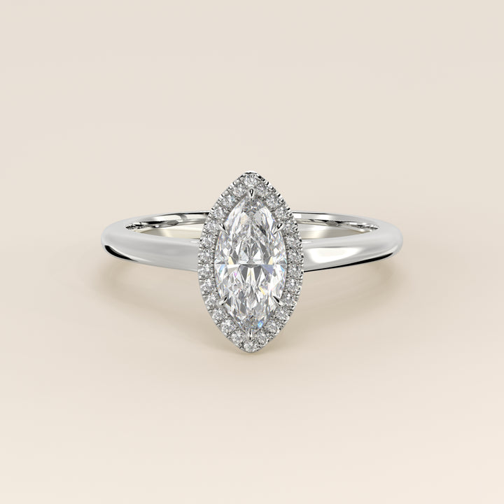 Verlovingsring marquise halo lab grown diamant met cathedral en hoge zetting, witgoud