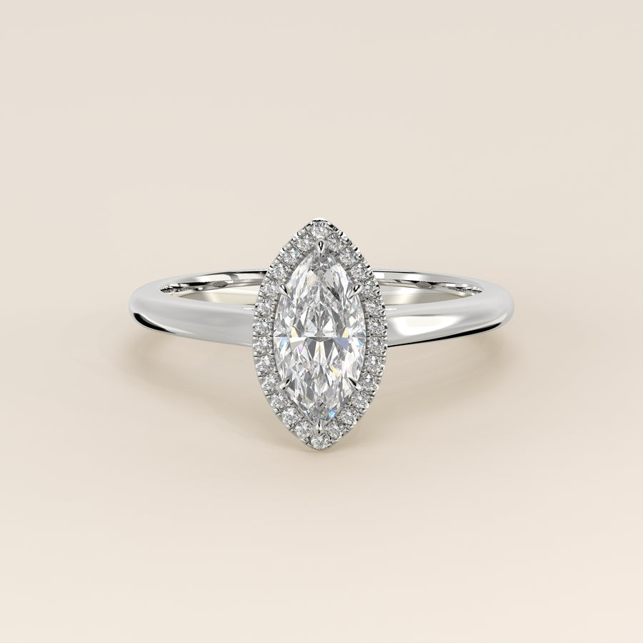 Verlovingsring marquise halo lab grown diamant met cathedral en hoge zetting, witgoud