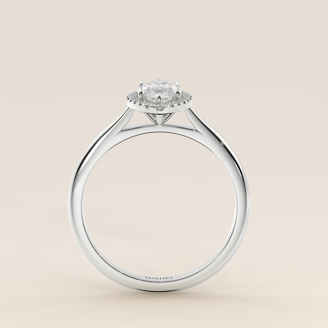 Verlovingsring marquise halo lab grown diamant met cathedral en hoge zetting, witgoud