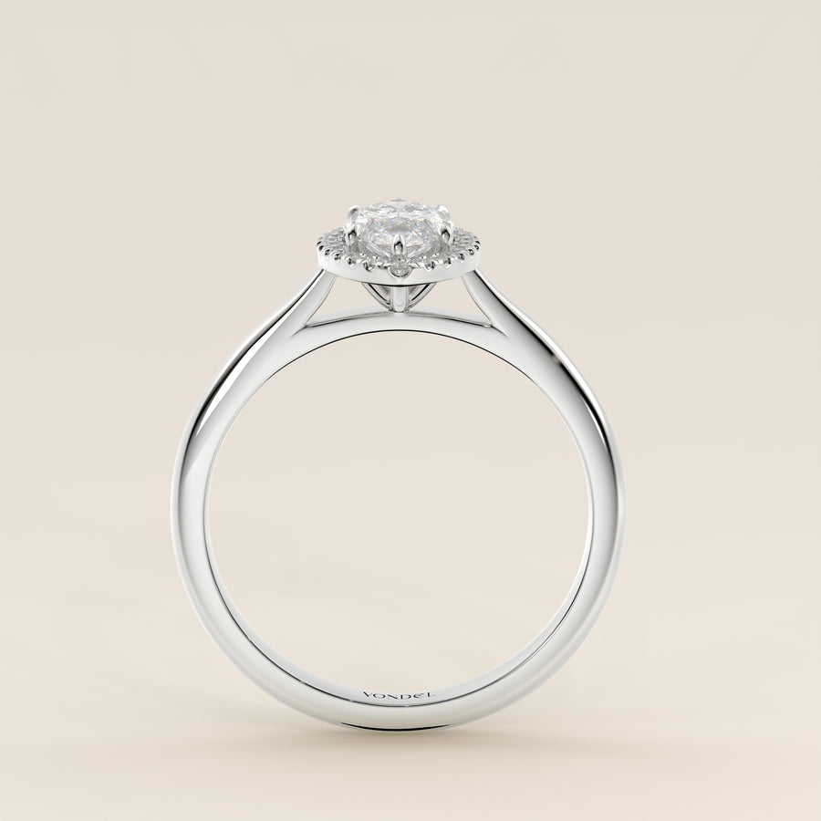 Verlovingsring marquise halo lab grown diamant met cathedral en hoge zetting, witgoud