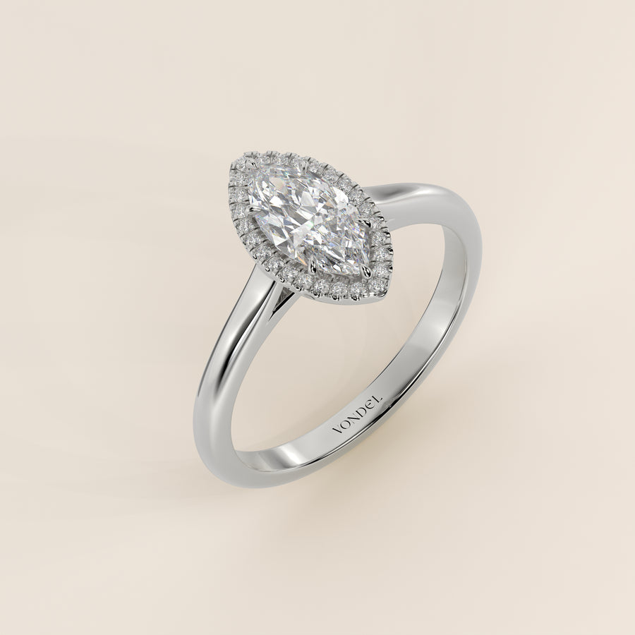 Verlovingsring marquise halo lab grown diamant met cathedral en hoge zetting, witgoud
