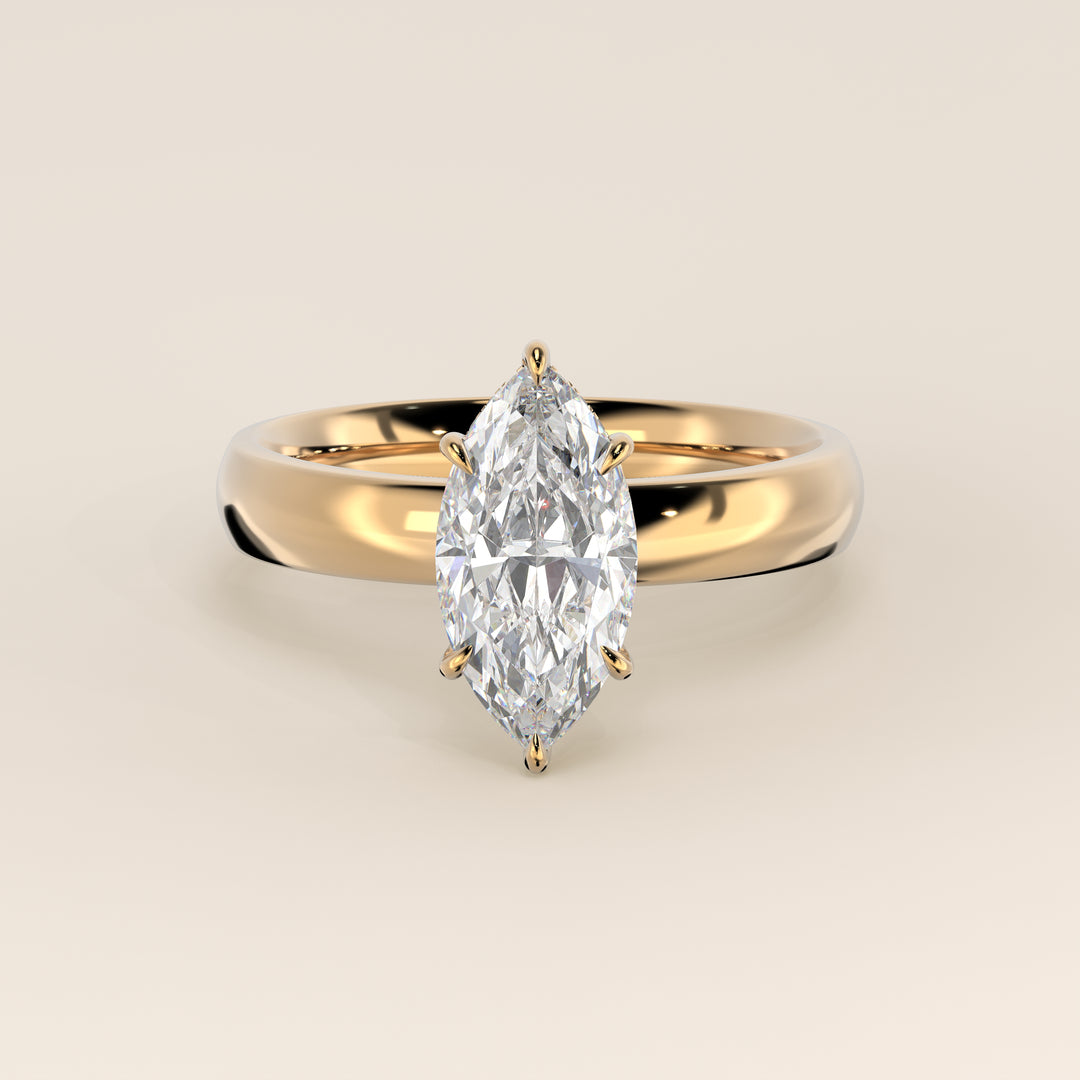 Verlovingsring marquise lab grown diamant met brede band en hidden halo, geelgoud