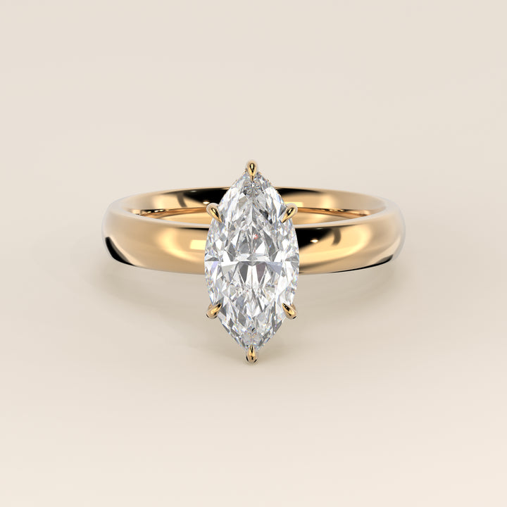 Verlovingsring marquise lab grown diamant met brede band en hidden halo, geelgoud