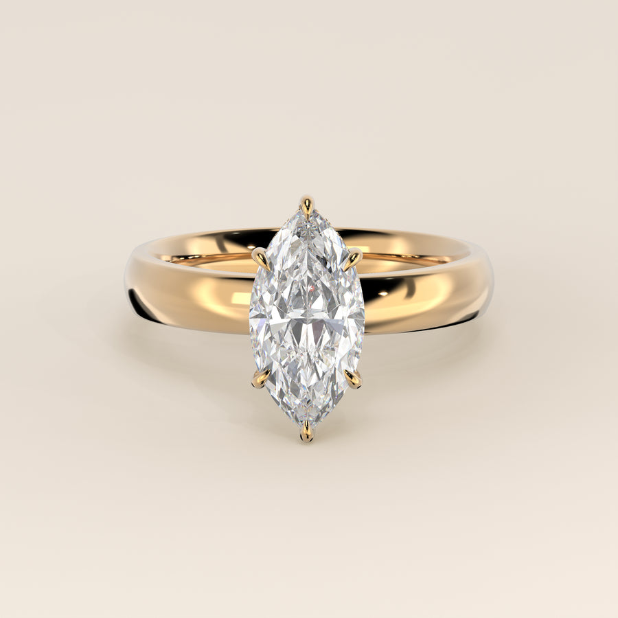 Verlovingsring marquise lab grown diamant met brede band en hidden halo, geelgoud