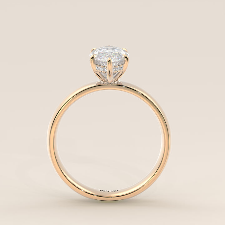 Verlovingsring marquise lab grown diamant met brede band en hidden halo, geelgoud