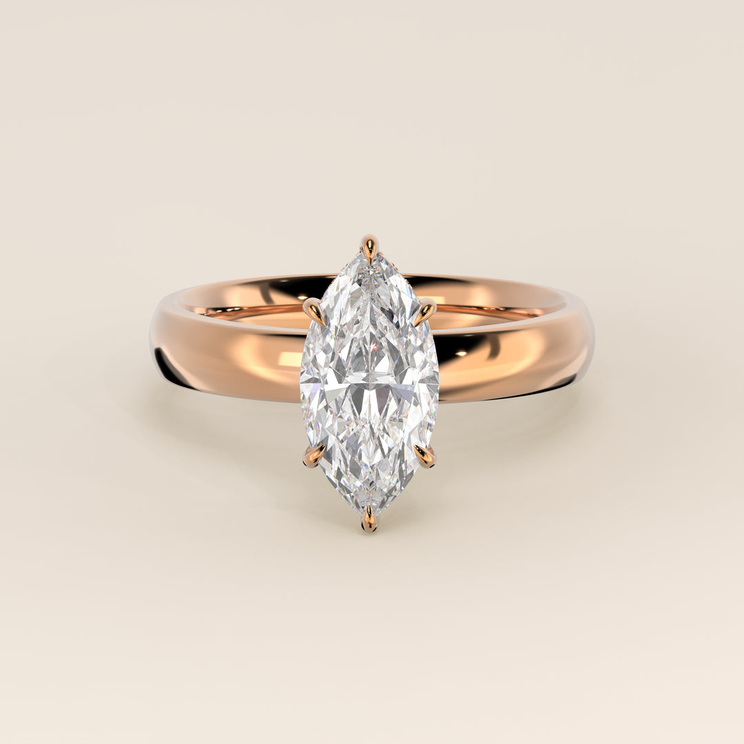 Verlovingsring marquise lab grown diamant met brede band en hidden halo, rosegoud