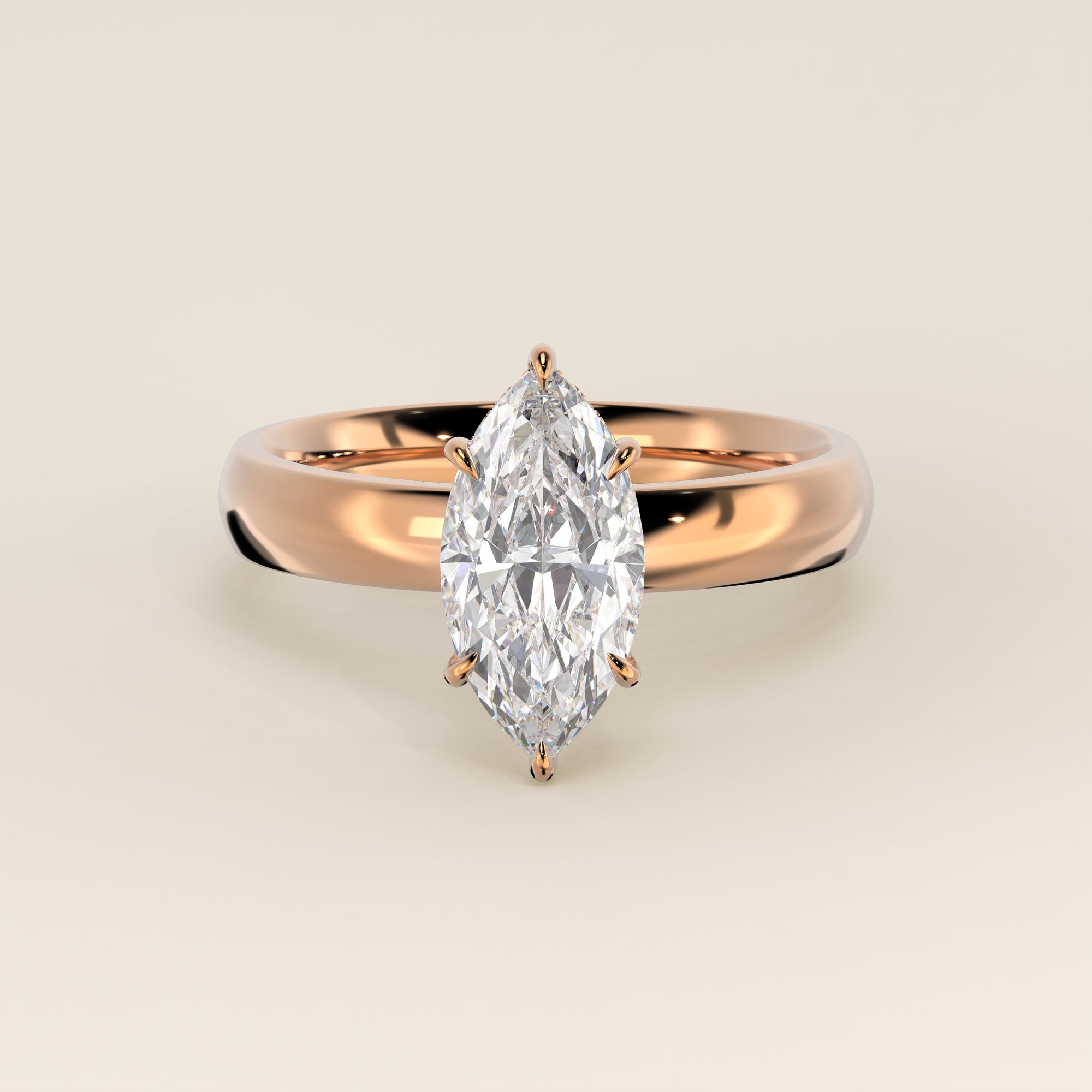 Verlovingsring marquise lab grown diamant met brede band en hidden halo, rosegoud