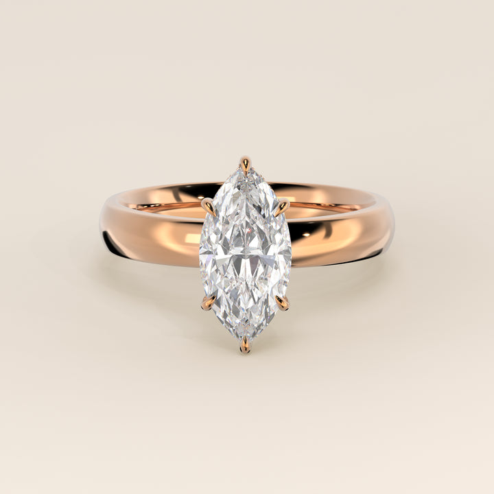 Verlovingsring marquise lab grown diamant met brede band en hidden halo, rosegoud